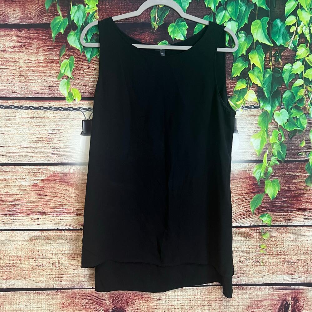 Eileen Fisher Tank Petite PL Black System Silk Georgette Crepe Bateau Neck Shell